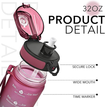 GOSWAG Water Bottles, 32 oz Motivational Sports Water Bottle with Straw and Time Marker to Remind You to Drink, Comes with Carry Strap, Leakproof