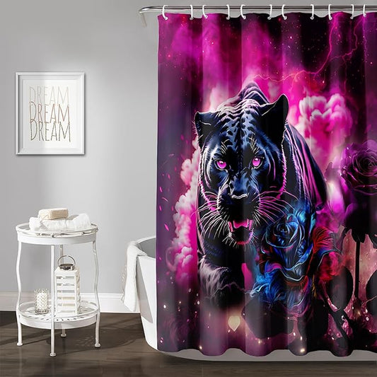 AILONEN 3D Black Panther Shower Curtain for Bathroom,Romantic Rose Smoky Leopard Printed Bath Curtain,Wildlife Cheetah Decoration Shower Curtain Waterproof 72" W*96" H