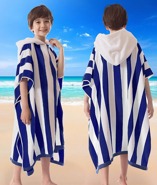 VOOVA & MOVAS Big Kids Hooded Towel Poncho | 8-16Years | Large, Soft, Absorbent Cotton Towel Robe | Versatile for Pool, Swim,Beach and Bathroom | Gem Blue Cabana Stripe