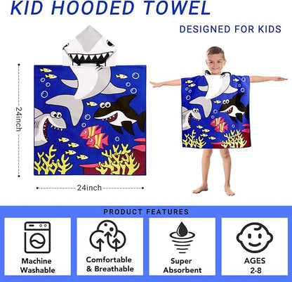 Kids Shark Hooded Beach Towel Boys Cute Poncho Pool Beach Towels with Hood 24*47 in Soft Microfiber Swim Cover-ups for Kids Ages 3-10 Thick Absorbent Cotton Hooded Bath Towel Wrap Bathrobe