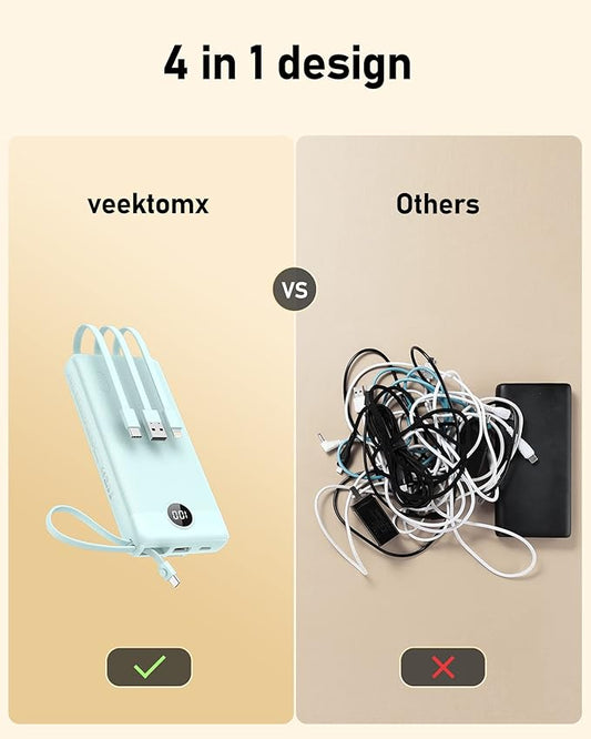 VEEKTOMX Portable Charger with Built-in Cables, 20000mAh Power Bank for iPhone, Fast Charging USB C Battery Pack, Travel Essentials Powerbank Compatible with iPhone 15/14/13, Samsung, Android, etc