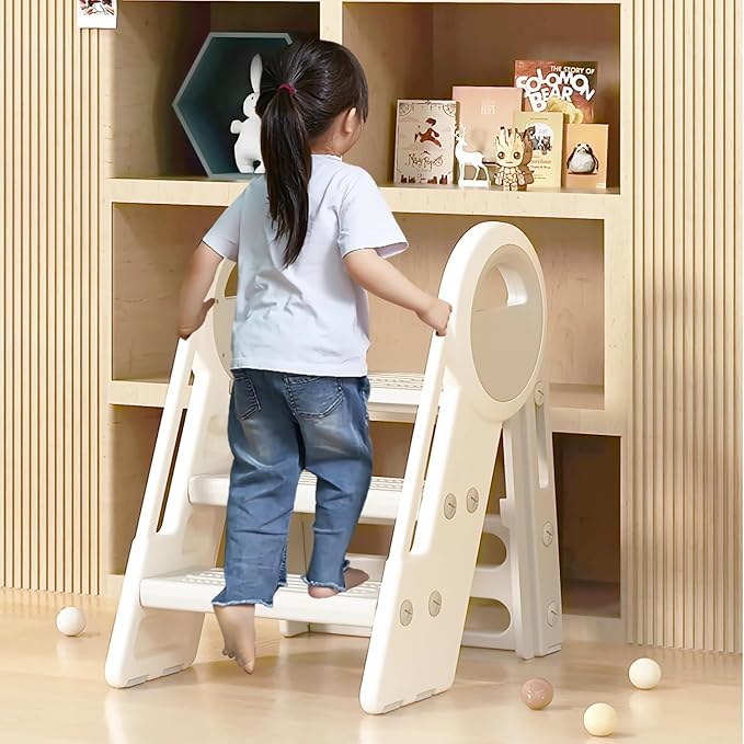 Nisorpa Foldable 3 Step Stool, Adjustable Step Stool, Toddler Helper Stool with Handles, Non-Slip Toilet Potty Training Stool, Plastic Ladder for Bathroom Sink Kitchen (3 & 2 Step Adjustment)