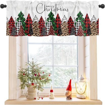 Merry Christmas Valance Curtains for Kitchen Windows Buffalo Plaid Xmas Tree Winter Forest Farmhouse Rod Pocket Window Treatment Toppers for Kitchen/Living Room/Bedroom/Bathroom, 54" X 18",Red Green