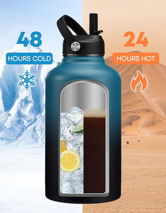 64 oz Water Bottle with Straw Stainless Steel - Wide Mouth 1/2 Gallon Water Bottles Keep Ice Cold-48H & Hot-24H, Double-wall Metal Water Jug w/Paracord Handle, Water Bottle Sleeve, Protective Boot