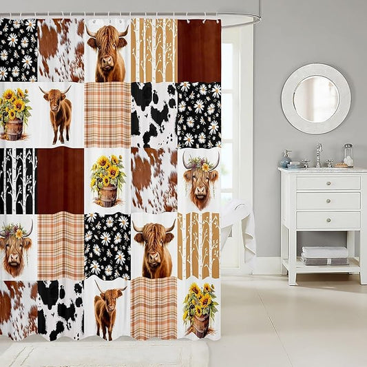 Feelyou Highland Cow Shower Curtain 72"x84" Kids Cowboy Cow Fur Bathroom Shower Curtain Set for Boys Girls Teens Farm Geometric Stripes Bath Curtain Daisy Sunflower Bathroom Accessories