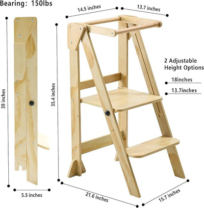 Folding Toddler Step Stool, Wooden Montessori Toddler Tower, Kitchen Tower, Kids Step Stool Toddler Tower for Toddlers and Kids 2-6 Years.
