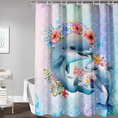 AILONEN Cute Dolphin Shower Curtain,Color Mermaid Scale Print Shower Curtain with 12 Plastic Hooks,Kawaii Ocean Dolphin Print Bath Curtain Decorative Waterproof 72" W*78" H