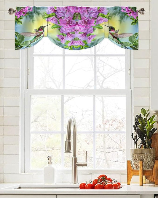 Pink Flowers Blackout Tie Up Valance Curtains for Kitchen Windows Hummingbird Window Toppers Balloon Shades for Living Room/Bathroom/Bedroom,1 Panel,42" X 12"