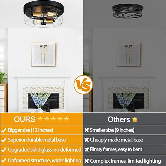 Flush Mount Ceiling Light Fixtures, 2-Light Black and Gold Ceiling Mount for Farmhouse with Seeded Glass Lampshade, Industrial Flush Mount Light Fixture for Hallway, Kitchen, Entryway and Foyer