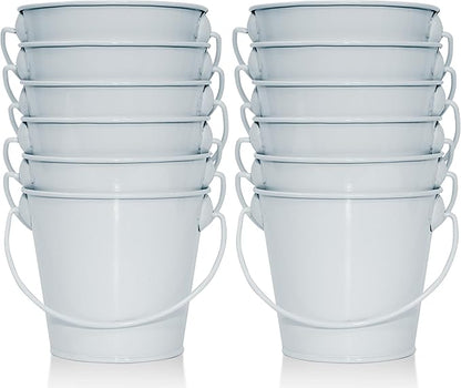 Small Metal Buckets with Handle 12 Pcs – Galvanized Bucket Leak Proof & Rust Resistant 8 fl oz Capacity - Best for Party Décor, Organizing & Decorating Classrooms (Mini 3.3" Top, White)