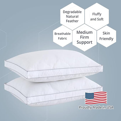 puredown®Goose Feathers Down and Fiber Pillows - Made in USA Soft Fluffy Medium Firm Hotel Pillow, 100% Cotton Cover, Luxury Bed Pillows King Size Set of 2 for Back, Stomach or Side Sleeper.