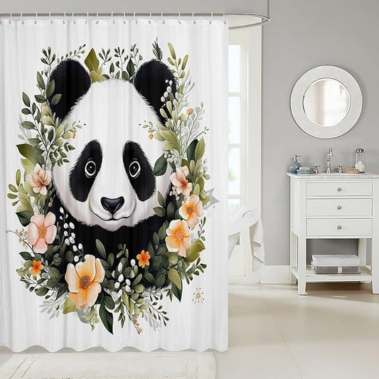 Feelyou Panda Shower Curtain Boys Girls Cute Cartoon Panda Fabric Shower Curtain for Kids Flower Botanical Bathroom Waterproof Accessories with 12 Hooks Animal Curtains,72x72 Inches