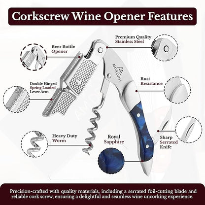 Premium AM DELUXE Waiters Corkscrew Wine Opener - Wine Key For Servers Bartenders, Heavy Duty Stainless Steel & Resin Inlay, Serrated Foil Cutter, Cork Screw Wine Bottle Opener. Magnetic Gift Box