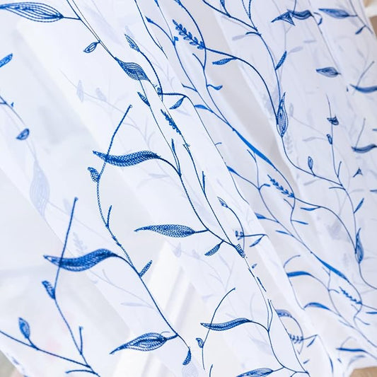 Windows Sheer Curtains Embroider Blue Leaf 90 Inches Length 2 Panels Voile Light Filtering Sheer Curtains Panel Basic Rod Pocket for Bedroom Living Room Children Room