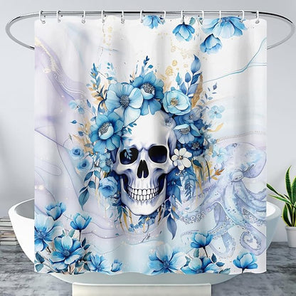 AILONEN Sugar Skull Blue Shower Curtain, Watercolor Floral Skull Octopus Printed Bath Curtain,Bathroom Waterproof Shower Curtain for Boys Girls 72" W x 84" H,with 12 Plastic Hooks