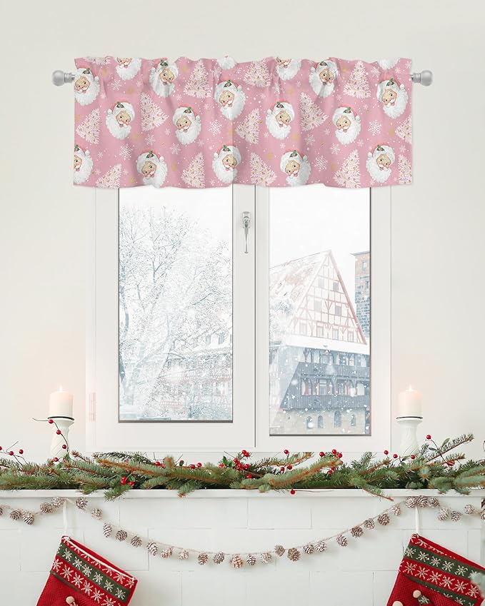 Pink Christmas Valance Curtains for Kitchen Windows Santa Claus Merry Christmas Tree Rod Pocket Window Treatment Toppers for Kitchen/Living Room/Bedroom/Bathroom, 42" X 12", Winter Snowflake