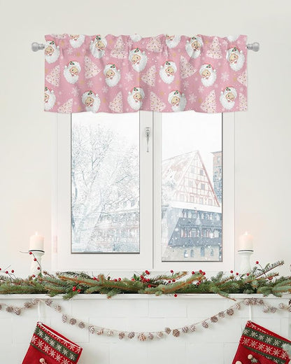 Pink Christmas Valance Curtains for Kitchen Windows Santa Claus Merry Christmas Tree Rod Pocket Window Treatment Toppers for Kitchen/Living Room/Bedroom/Bathroom, 42" X 12", Winter Snowflake