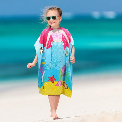 Tirrinia Mermaid Kids Poncho Towel, Surf Beach Bath Swim Hooded Towels for 2-7 Years Girls Toddler Gift, 24 by 52-inch, 100% Cotton