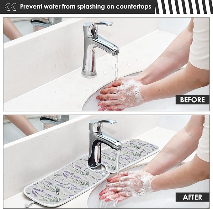 Kitchen Faucet Absorbent Mat,Lavender Flower Water Splash Guard for Sink, Faucet Drip Catcher Thicken Sponge Microfiber Faucet Water Catcher Mat Sink Absorbent Mat for Kitchen 30x5in 2 Pack