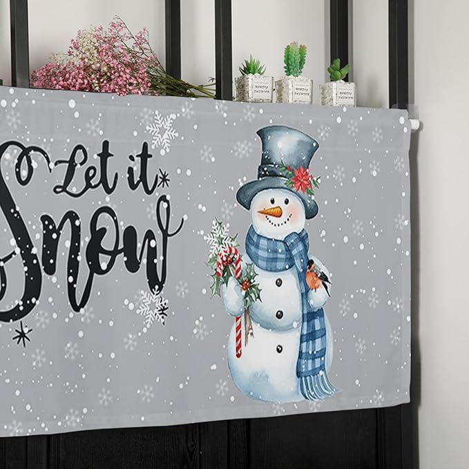Snowman Christmas Valance Curtains for Kitchen Windows Let It Snow Winter Holiday Rod Pocket Window Treatment Toppers for Kitchen/Living Room/Bedroom/Bathroom, 54" X 18", Grey White