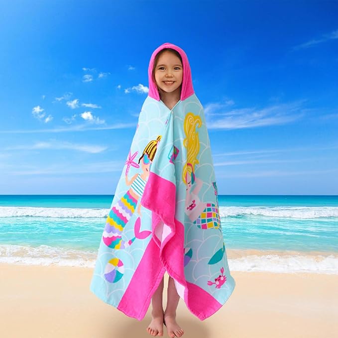 VOOVA & MOVAS Kids Towels Age 3-10, Soft | Thick | Large | 100% Cotton,Absorbent Beach, Bath, Pool Towels Wrap for Girls, Sea Mermaid