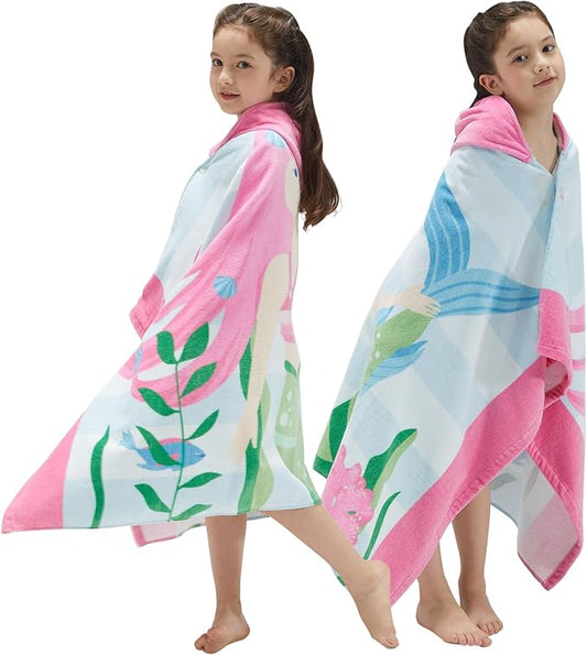 BANGSAUR Kids Hooded Beach Bath Towels, 100% Cotton 50x30 inches Towel Wrap, Toddlers Girls 3-12 Years Coverup Pink Hair Mermaid