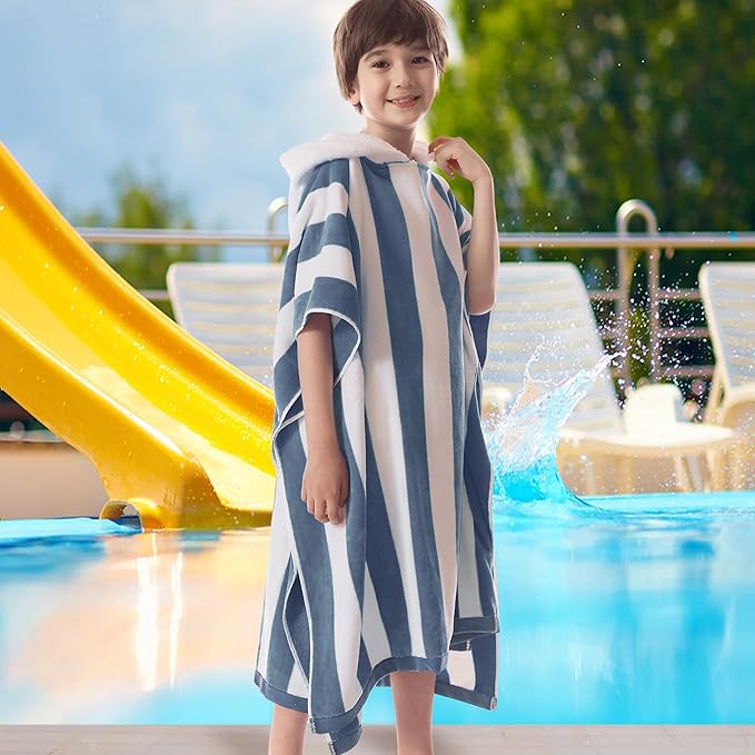VOOVA & MOVAS Hooded Beach Towel Poncho for Teens (8-16Years), 100% Cotton Thick Surf Poncho Towel Robe for Kids, Perfect for Pool, Beach, Bath Activities and Gifts,Blue Grey Cabana Stripe