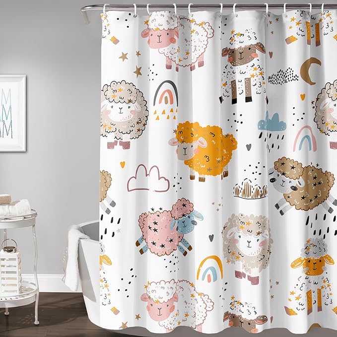 AILONEN Cute Sheep Kids Shower Curtain for Bathroom,Sheep Moon Clouds Kids Creative Rainbow Waterproof Bath Curtain,Modern Minimalist White Curtain with 12 Plastic Hooks(72" W*72" H)