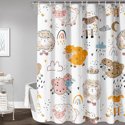 AILONEN Cute Sheep Kids Shower Curtain for Bathroom,Sheep Moon Clouds Kids Creative Rainbow Waterproof Bath Curtain,Modern Minimalist White Curtain with 12 Plastic Hooks(36" W*72" H)