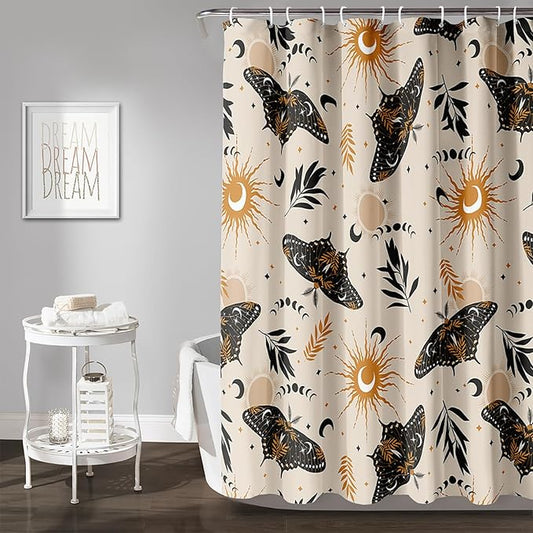 AILONEN Moth Shower Curtain,Sun and Moon Death Moth Bath Curtain for Bathroom Decor,Polyester Waterproof with 12 Plastic Hooks 72" W*96" H