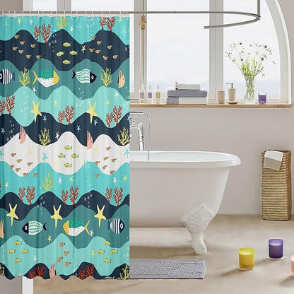 Feelyou Cartoon Fish Shower Curtain 72"x72" Kids Marine Life Sea Bathroom Shower Curtain Set for Boys Girls Teens Ocean Marine Themed Bath Curtain Summer Sea Starfish Bathroom Accessories