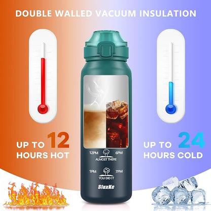Sports Water Bottle 18/10 Stainless Steel 32oz with 2Lids, 1000ml Insulated Water Bottle Double Walled with Handle, Metal Canteen Keep Cold 48H Hot 24H for Men, Women & Kids