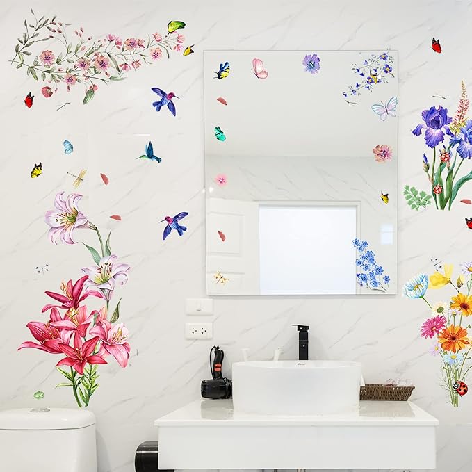 Garden Flower Wall Decals Lily Daisy Butterfly Dragonfly Bird Wall Stickers, Spring Window Clings for Glass Windows Living Room Bedroom Kitchen Wall Decor