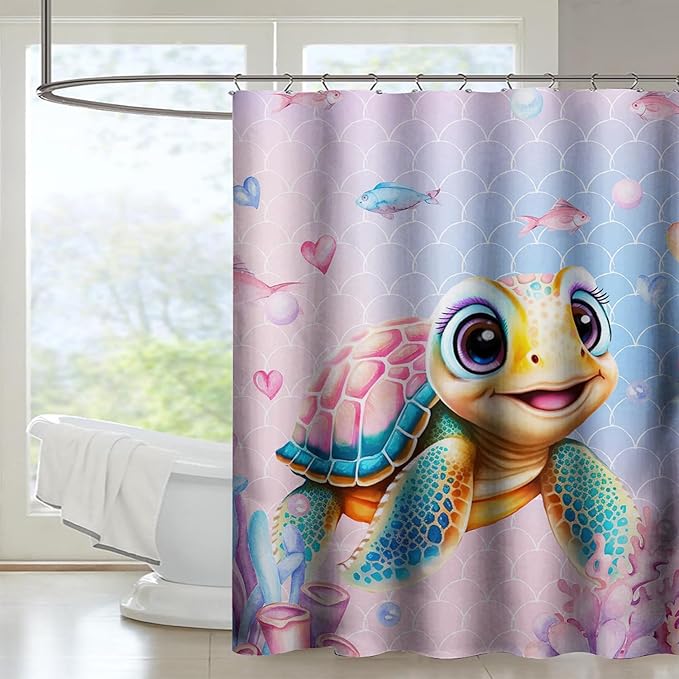 AILONEN Kawaii Sea Turtle Shower Curtain,Tie Die Turtle Bath Curtain Cloth Fabric Bathroom 72" W*78" H Inch,12 Pack Hooks for Kids Child,Watercolor Scale Bathroom Curtain
