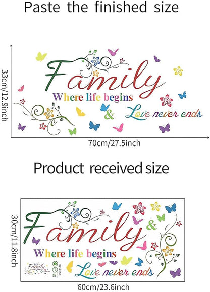 Family Wall Sticker, Inspirational Wall Decor Home Wall Decoration Warm Quotes Sticker Waterproof Removable Butterfly Sticker Letter Word Decal for Bedroom Dining Room Kitchen Wall Art Decor(Colorful)