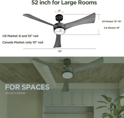 Ceiling Fan 52'' With Light: Modern Remote Control Fans with Water Transfer Printing 3 Blades - Quiet Reversible DC Motor - Outdoor Indoor