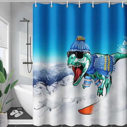 AILONEN Dinosaur Shower Curtain for Boys,Snow Wolf Shower Curtain, 72" W*96" H Waterproof Dino and Wolf Animals Themed Decor Bathroom with Grommets and Hooks