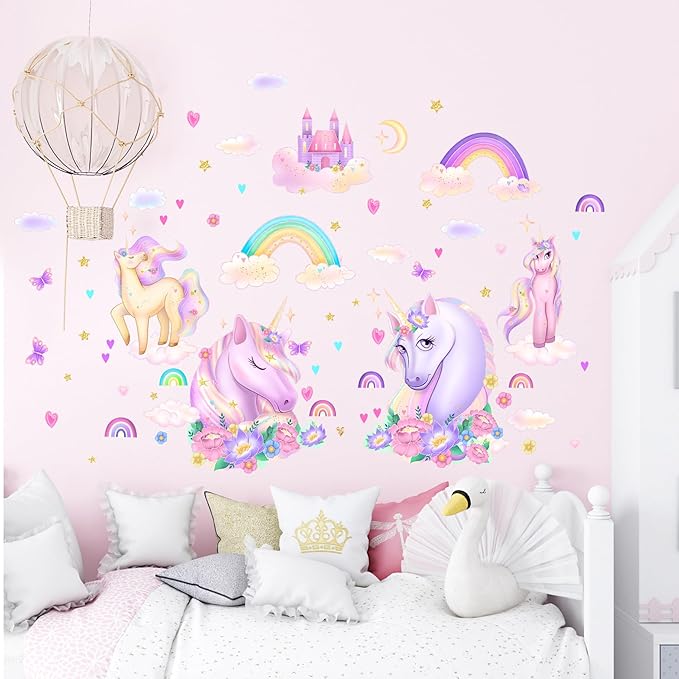 Unicorn Wall Decals Pack of 5 Sheets Stickers by Lipastick - Rainbow Wall Stickers – Princess Castle with Hearts Clouds Stars Wall Decals Decor for Girls Kids Bedroom Birthday Party Size S