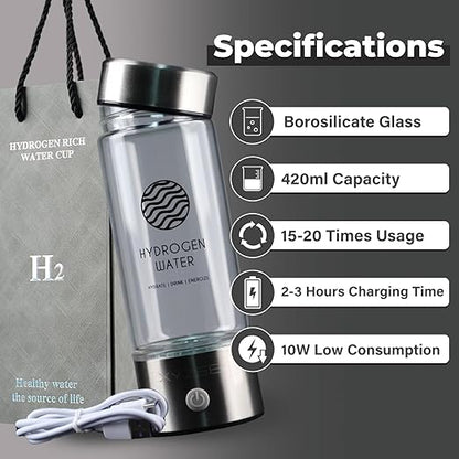 Hydrogen Water Bottle, Portable Rechargeable Hydrogen Water Bottle Generator, Purify Water Quality in 3 Minutes, Glass Water Ionizer, Healthy Hydration Bottle with Free Paracord Handle by XYZEE