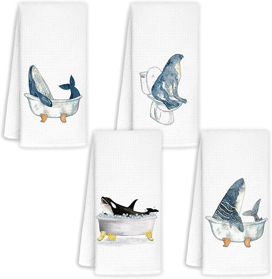 Whale Shark Seal Coastal Beach Hand Towels for Bathroom Set of 4 - Nautical Hand Towels for Bathroom,Whale Decor, Nautical Beach Bathroom Decor,Ocean Bathroom Decor,16x24