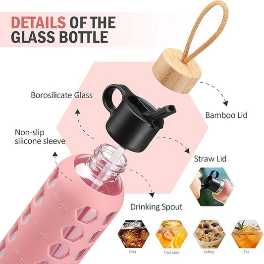 MUKOKO Glass Water Bottles, 32oz Glass Tumbler, Drinking Bottles with 2 Lids-Handle Flip Straw Lid&Bamboo Lid, Motivational Water Bottle with Time Marker and Silicone Sleeve, Leakproof-1 Pack-Pink