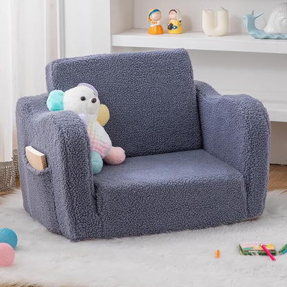 Baby Toddler Sofa Couch for Kids Foldable 2-in-1 Sherpa Fold Out Couch Bed for Playroom, Pull Out Children Convertible Sofa to Lounger Sleeper Chair for Boys & Girls with Double Pockets - Dark Grey