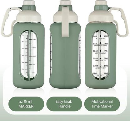 MUKOKO 64oz Glass Water Bottles with Straw, Half Gallon Water Bottle with Time Marker, Motivational Water Bottle with Silicone Sleeves,Large Glass Water Bottle for Gym,Working,Outdoor,Olive