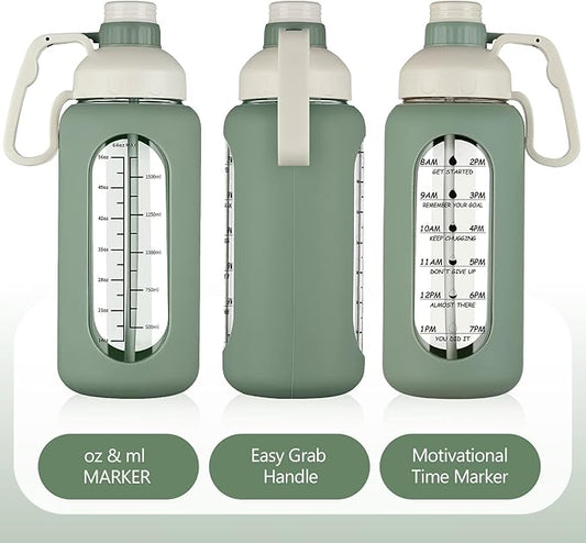 MUKOKO 64oz Glass Water Bottles with Straw, Half Gallon Water Bottle with Time Marker, Motivational Water Bottle with Silicone Sleeves,Large Glass Water Bottle for Gym,Working,Outdoor,Olive