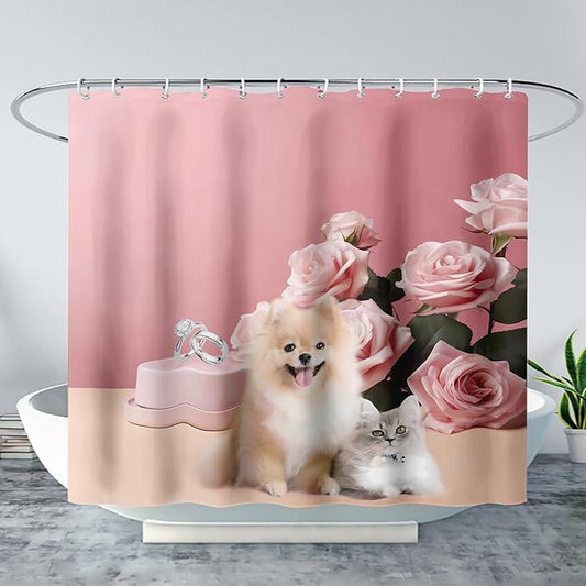 AILONEN Girls Pink Shower Curtain for Bathroom, Rose Flower and Cute Kawaii Dog Cat Pattern Bathroom Decor 72" W*72" H Bath Curtain Polyester Waterproof Shower Curtain with 12 Hooks