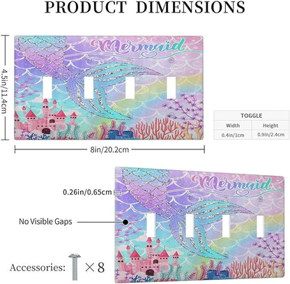 Silvery Glitter Cute Mermaid Tail Fantasy Castle Quad Toggle Light Switch Covers 4 Gang Wall Plate Decorative Switchplate Electrical Faceplate for Kidroom Nursery Bedroom Kitchen Decor