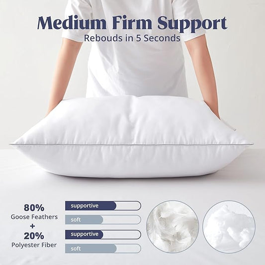 puredown® Goose Feathers Bed Pillows, 100% Cotton Cover, King Size Hotel Collection Pillows Set of 2 for Sleeping with Silver Piping, Feather and Polyester Filling