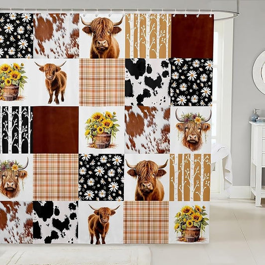 Feelyou Highland Cow Shower Curtain 72"x84" Kids Cowboy Cow Fur Bathroom Shower Curtain Set for Boys Girls Teens Farm Geometric Stripes Bath Curtain Daisy Sunflower Bathroom Accessories