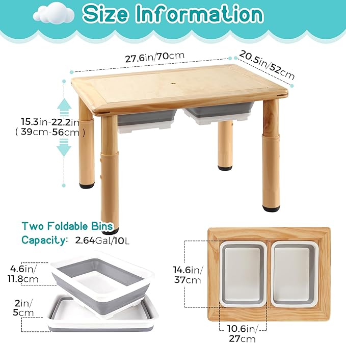 FUNLIO Wooden Sensory Table with 2 Bins for Toddlers 1-5, 4-Level Height Adjustable Kids Sensory Table with Anti-Warping Plywood Lid, Indoor/Outdoor Play Sand and Water Table, CPC Certified