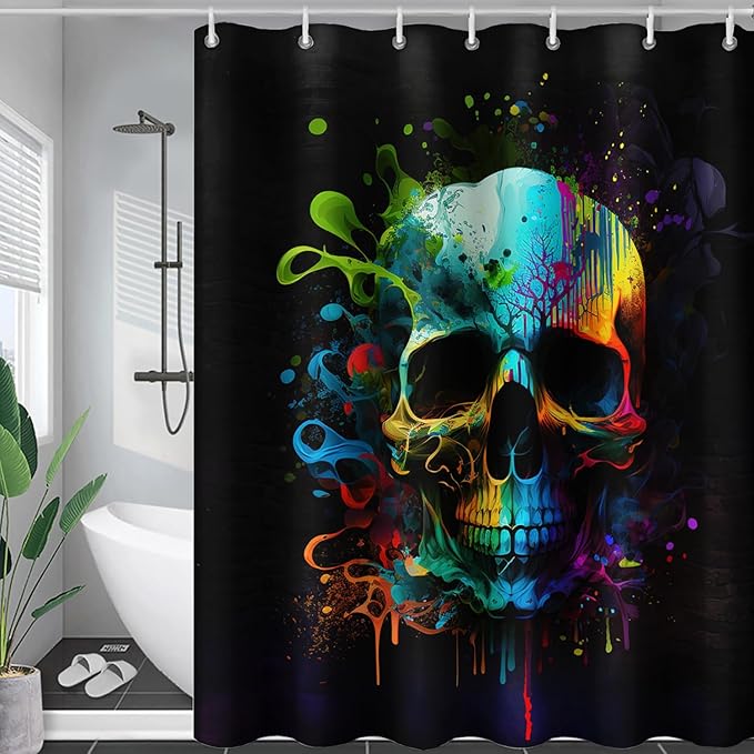 AILONEN Sugar Skull Shower Curtain for Bathroom,Watercolor Skull Bath Curtain Decoration,Minimalism Tie Dye Skeleton Print Waterproof Black Curtain with 12 Plastic Hooks, 72" W*84" H